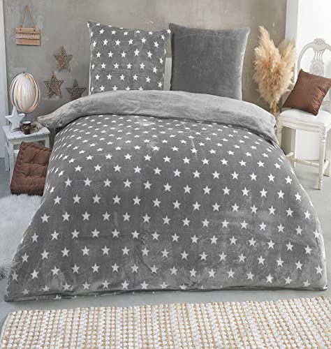 MALIKA Warme Winter Plüsch Sterne Wende-Bettwäsche Nicky-Teddy 'Cashmere Touch' Coral Fleece viele Farben & Größen, Farbe:Grau, Größe:200 x 200 cm