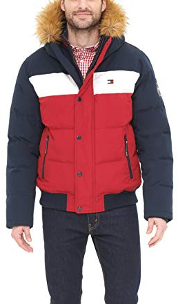 Tommy Hilfiger - Chaqueta bomber de tejido ártico acolchado para hombre, Azul marino/Blanco/Rojo, XX-Large