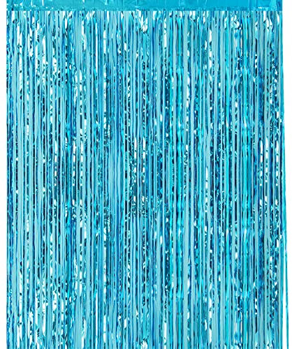 CHRORINE 1pcs 6.5ft Light Blue Metallic Tinsel Foil Fringe Curtain Door Curtains Hanging Streamers for Frozen Mermaid Birthday Baby Shower Mama Mia Bachelorette Blue Party Decorations