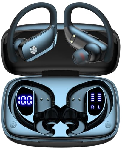 bmani Ear Buds Wireless Earbuds Bluetooth Headphones with 80H Playtime LED Display Case, Over-Ear Hook with Mic, Stereo Sound, Easy Button Controls, Sports Earphones for Running Workout Gym Black