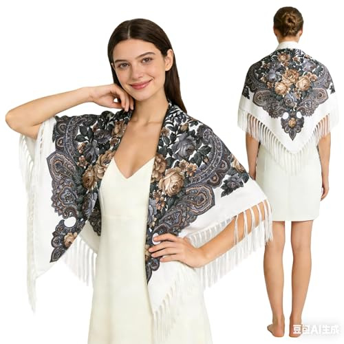 Russian Style Muffler Warm Scarf with Tassel Women's Traditional Scarf Wrap Shawl Fringes Printing Cape (White)