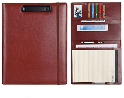 Wonderpool A4 PU Leather Clipboard Partfolio Notepad Forms Holders Document Case - Interview Planner Meeting Writing Padfolio File for Office Travel School Hotel Hospital (A4,Brown)