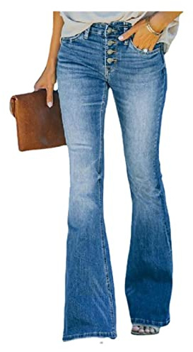 Sawmew Jeans Casuales de Cintura Media Elásticos Elásticos con Parte Inferior de Campana para Mujer, Jeans Acampanados con Botón (Color : Blue, Size : L)