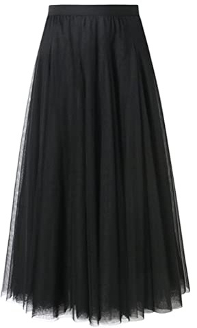 shownicer Femme Tulle Jupe Plissée Danse Tutu Skirt Longue Taille Élastique Princesse Jupe Bouffante Soirée Party Mariage Cocktail Cérémonie A Noir XXL