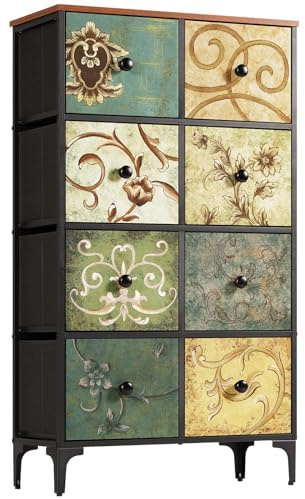 LYNCOHOME Kommode Schrank mit 8 Schubladen aus Stoff, Sideboard mit Stoffschubladen, Schubladenschrank für Küche Büro Flur, TV Schrank mit Stoff Schubladen