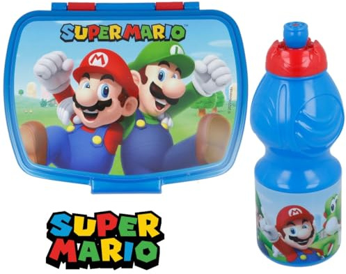 ILS I LOVE SHOPPING Set Déjeuner Scolaire 2 Pièces - Porte-Goûter et Bouteille en Plastique pour Enfants, Sans BPA (Mario)