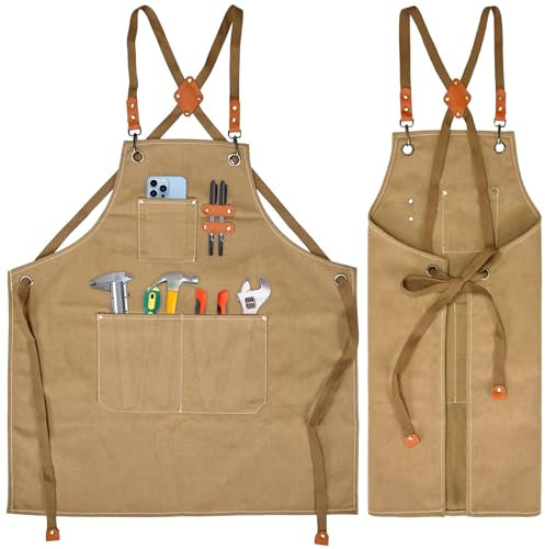 KOOOGEAR Multifunktionale Schürze aus Segeltuch,Arbeitsschürze,Schweisserschürze,Grill Kochschürze,erstellbarem Gürtel Geeignet Leinenschürze geeignet für Küche, Garten, Schmiede, Werkstatt (Braun)