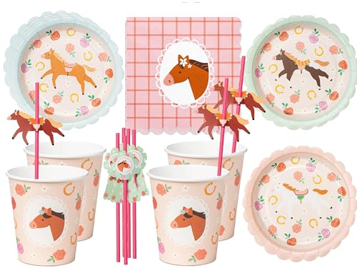 Set di stoviglie da 48 pezzi, pony, graziosi cavalli, compleanni, ragazze, ragazzi, feste, compleanni, bambini, adulti, stoviglie di cartone per 12 persone