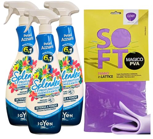 SET PULIZIA: 3x Detergente Multiuso Spray, Il Profumatore Igienizzante Superconcentrato, PETALI AZZURRI, Rimuove Germi e Batteri, 48h Di Pulito Profumato 750ml + Panno In Lattice SOFT 30x30