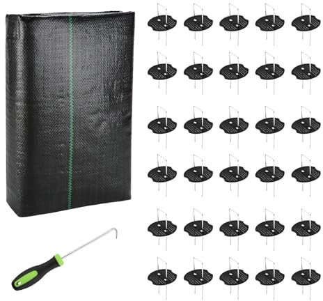 Homvvi Membrana de control de malezas, tela de barrera de malezas resistente de 2 m x 10 m con 30 clavijas para estera de malezas, tela de control de malezas estabilizada contra los rayos UV para