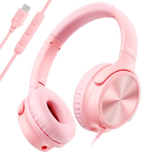 Cowyawn Auriculare USB C con Cable, Auriculares supraurales con micrófono, Control de Volumen, Sonido estéreo HD, Auriculares Ligeros y Plegables para Adultos, Adolescentes, Chromebooks (Rosa)