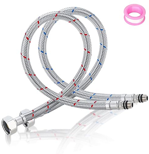 Lot de 2 tuyaux blindés 3/8, Tuyaux de Raccordement Flexibles Robinets 80 cm, tuyau flexible G3/8 x M10, raccord de tuyau de raccordement en acier inoxydable tressé avec ruban d'étanchéité