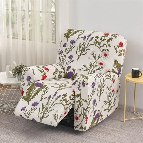 Hearda Housse de Fauteuil Inclinable Extensible, Imprimés de Fleurs Housse de Fauteuil 1 Place Relax Housses de Fauteuils 4 Pièces avec Poches Latérales Relax Inclinable (Marguerite)
