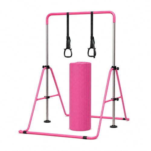BEATTIE & WALKER ENGLAND Gymnastics Bar with Mat | Folding Horizontal Bar with Adjustable Height and Gymnastic bar Rings, Kids Gymnastics Equipment with 6 adjustable heights
