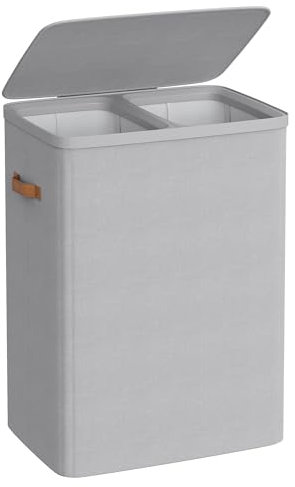 SONGMICS Panier à Linge, Corbeille à Linge Sale de 170 L, 2 Compartiments, Montage Facile, avec Couvercle et Poignées, Sacs Internes Amovibles, 56 x 40 x 75 cm, Gris Tourterelle LCB813G01