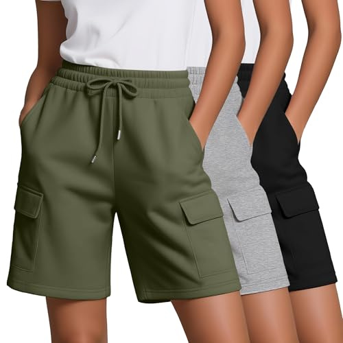 Neer Lot de 3 Shorts Cargo Bermuda Femme Taille Élastique à Cordon Décontracté Genou Yoga avec Poches(Noir, Vert armée, Gris Clair,M)