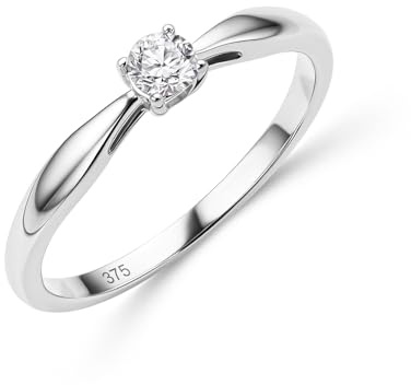 MIORE Anello Donna da Fidanzamento con Diamante, Anello con Solitario, in Oro Bianco Massiccio 375 da 9K con Diamante Solitario 0.15ct, Anello Matrimonio con Castone 4 Griffe con Custodia Portagioie