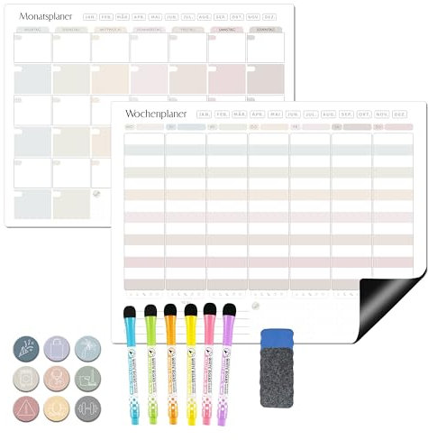 BIROYAL Magnetischer Wochenplaner Abwischbar 2 Stk inkl 30 Magnetische Sticker, Wochenplaner & Monatsplaner Abwischbar, Familienplaner, Haushaltsplaner Perfect as Essensplaner & To Do List, 42x32cm