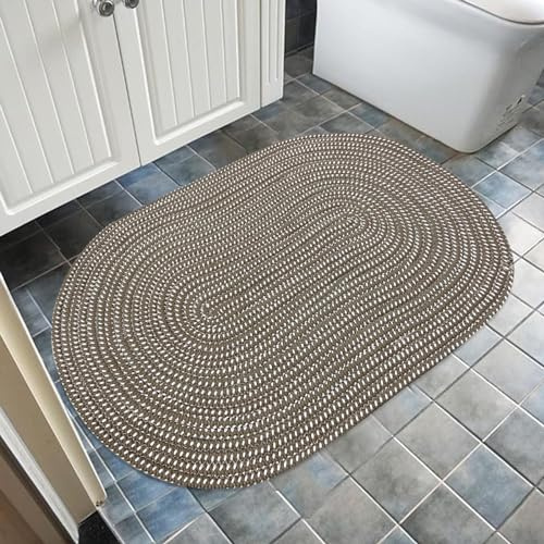 USTIDE Flätad områdesmatta bomullsrep dörrmattor tvättbar liten oval handvävd matta mjuk repmatta för entré kök badrum sängbord inomhusdekor 50 x 80 cm, mörk kamel