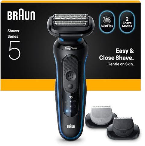 Braun Series 5 Elektrorasierer Herren, Rasierapparat mit 50 Min. Akkulaufzeit, +2 Aufsätze, Kabelloser Nass- und Trockenrasierer für Männer, Made in Germany, Wasserdicht, 52-B1650s, Blau