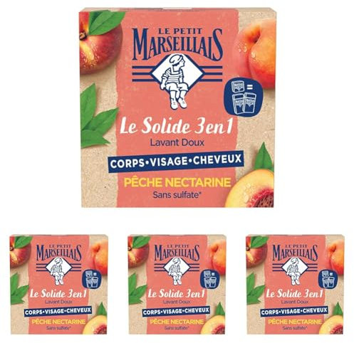 Le Petit Marseillais - Le Solide 3 en 1 Lavant Doux Pêche Nectarine – Savon solide pour le corps, le visage et les cheveux – Savon sans sulfate équivalent à 2 flacons de gel douche (Lot de 4)