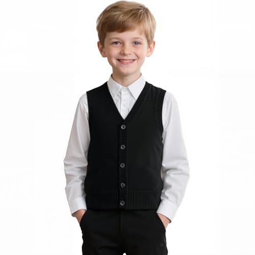 Yanmucy Boys Girls Knitted Vest V-Neck Sleeveless Knitwear Sweater School Uniform Matching Shirt Jumper Cardigan for Kids Aged 5-14 Years