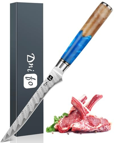 Dnifo Damascus Boning Knife 6 Inch,VG10 Core Steel with 66-Layers High Carbon,Professional Boning Knives for Meat Poultry Chicken,Blue Resin & Wood Handle,Ideal Gift for Chefs and Cooking Lovers
