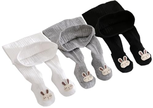 ACMEDE Collants bébés filles en coton 3-12 mois-3 ans, lot de 3 Collants rayés tricotés enfants Pantalons avec pieds Bébé Garçon leggings avec 3D lapin chaussettes antidérapantes taille 58-95 cm