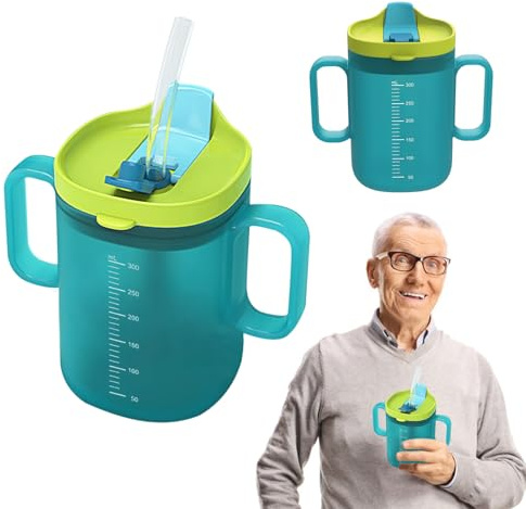 JurciCat 300ml Pipmugg För äldre Med Handtag Drickmugg Läckagesäker Pipmugg Lock Och Sugrör För Vuxna äldre Och Funktionshindrade Patienter（Blå）