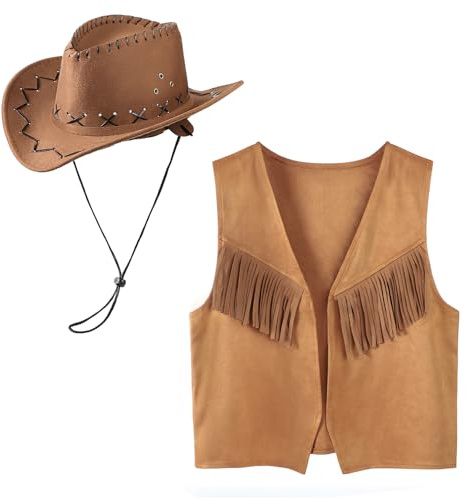 Costume da cowgirl occidentale per bambini, gilet in pelle con nappe, cappello da cowboy, set anni '70, vestito hippie senza maniche, giacca con frange, cappello da cowgirl, per Halloween, cosplay