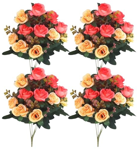 Peosaard Fiori da cimitero per Tomba, Fiori da cimitero per Tomba, 4 mazzi di Rose 11, 8'' Artificiali per tombe 12 capolini in Seta commemorativa per Arancione, Artificiale