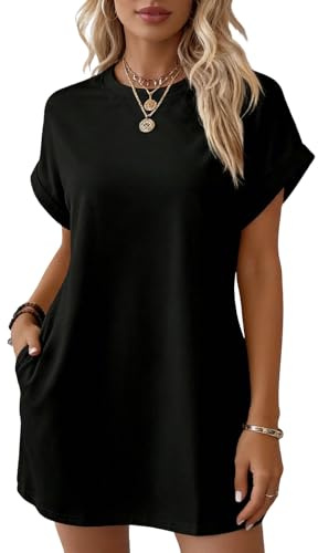 InfiniZer Black Dresses for Women UK Cap Sleeve Summer Dresses for Women UK Womens Beach Black Mini Dress Casual T Shirt Dress with Pockets (UK, Alpha, L, Regular, Regular)