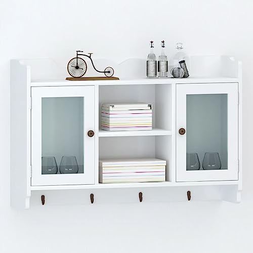 XHNIFBN Armario colgante blanco con 2 puertas de cristal, 68 x 17 x 44 cm, vitrina de pared de MDF lacada con montaje invisible, 4 ganchos, diseño moderno para cocina, pasillo y dormitorio