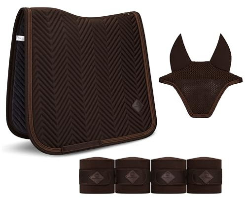 Equimour Dressage Saddle Pad Set 3-Piece – Saddle Pad, Fly Bonnet & Bandages – Breathable & Non-Slip – Elegant Show Riding Set Warmblood/Full – Pure Chocolate