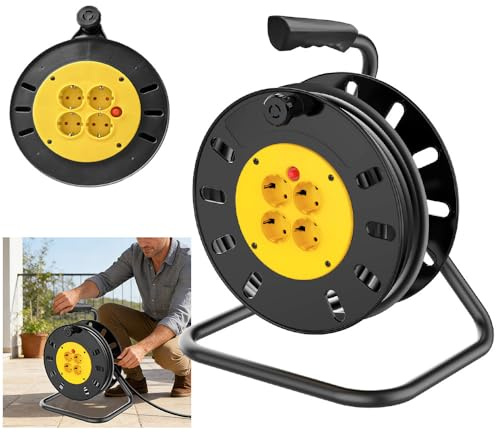 Kompakt Kabeltrommel - Kabelrolle mit 4 Steckdosen -50m Kabel - Überhitzungsschutz - Tragbar Kabelbox für Heimwerker, Werkstätten, Gärten und den Hausgebrauch