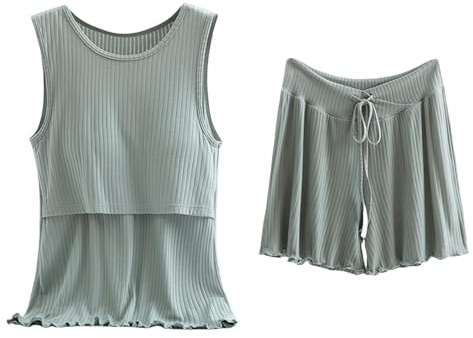Ribbade myskläder set för kvinnor klädset moderskap amning nattkläder 100 % bomull ärmlös nattlinne bekväm kort pyjamas gravid kvinnor mjuk mot huden lätta myskläder set