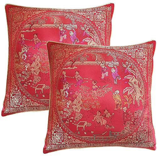 Xiaoyztan Un par de Fundas de Almohada Bordadas con Escena de Patio de 40,6 cm, Color Rojo, Oriental, Estilo Chino, sedosas, Decorativas, Hechas a Mano, de Seda, Funda de cojín para sofá