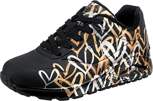Skechers Women's Uno Metallic Love Trainers, Black and Multi Metallic Heart Print Durabuck, 5.5 UK