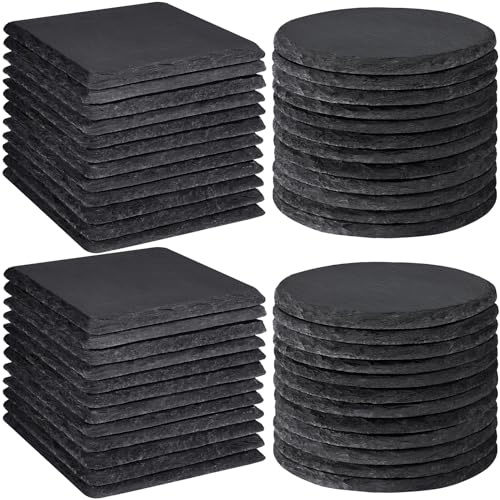 48 PCS Slate Coasters Bulk, MAPRIAL Laser Engraving Blanks Material for Engraver, 4 Inch 24 PCS Natural Square, 24 PCS Round Black Stone Coasters for Drinks, Gifts, Wedding Party, Decor, Christmas