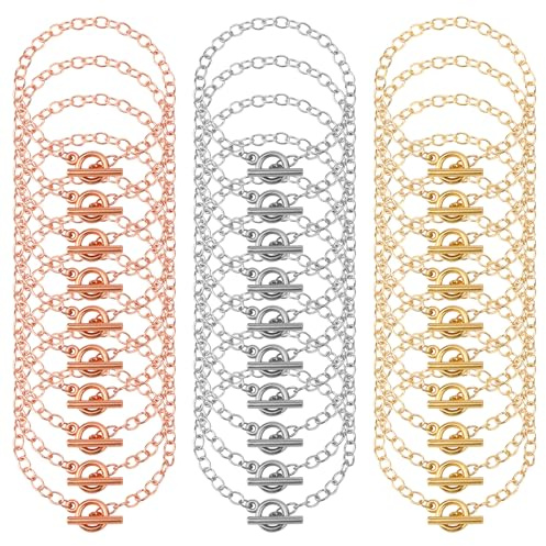 30pcs Bracelet Chains for Bulk Jewelry Making, Alloy Link Chain with OT Toggle Clasp Snake Chain Bracelet for Women DIY Jewelry Crafts Supplies (Rose Gold & Gold & Silver)