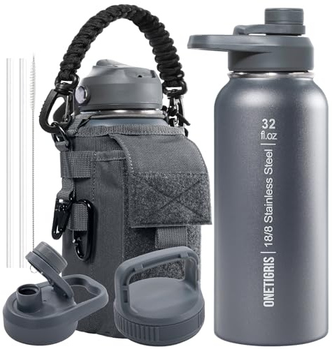 OneTigris Edelstahl Trinkflasche, Wasserflasche 0,9L Hohe Kapazität, Sportflasche mit gute Isolationswirkung für Fahrrad, Camping, Yoga, Gym, Softair, Grau, 32OZ