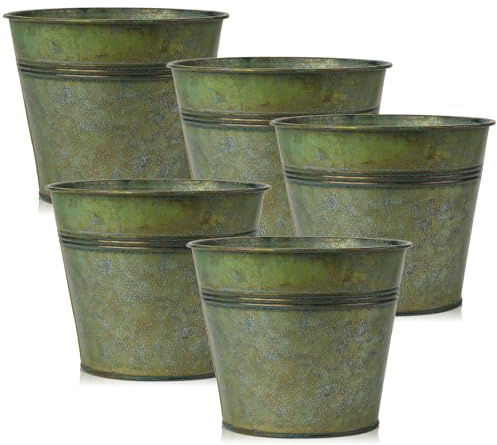 Oairse Set of 5 Plant Pots Outdoor 15x18cm Vintage Galvanised Planter Garden Metal Plant Pot Decorative Zinc Round Bucket Flower Pot Rustic Container for Plant Home Modern Farmhouse Indoor Outdoors