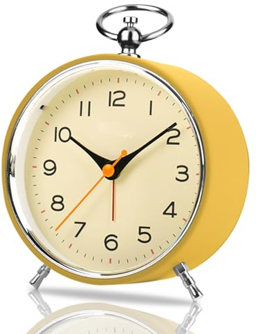 Retro Wecker Analog Ohne Ticken, 4.3'' Runde Analoge Wecker mit Nachtlicht Snooze, Batteriebetrieben Laut für Tiefschläfer, Kinder, Senioren, Wecke Analog für Schlafzimmer Wohnzimmer, Gelb