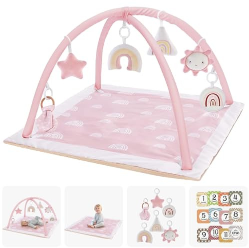 Mallify Spielbogen Baby Mädchen, Krabbeldecke mit Bogen und 6 abnehmbaren Spielzeugen und 12 Meilensteinkarten, Spieldecke baby ab Geburt, Baby Gym 0-6 Monate, Rosa