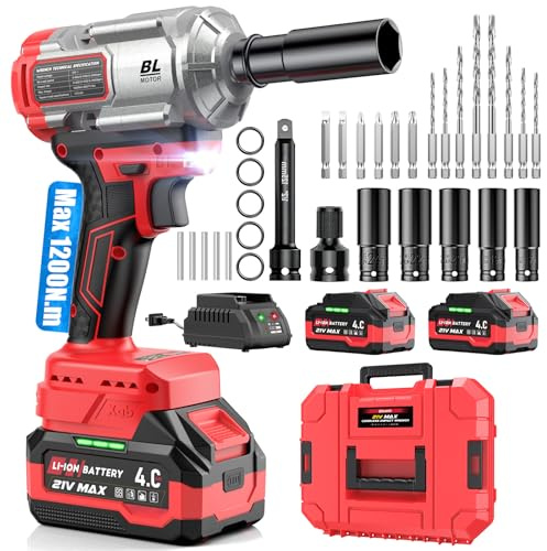 XIAZIR Cordless Impact Wrench 1200Nm, Impact Driver & Impact Drill 1/2 Brushless Power Tool with 2×4.0Ah Batteries, 5 Sockets, 8 Drill Bits, 5 Driver Bits, Extension Bar & Adapter for Car, Van & DIY