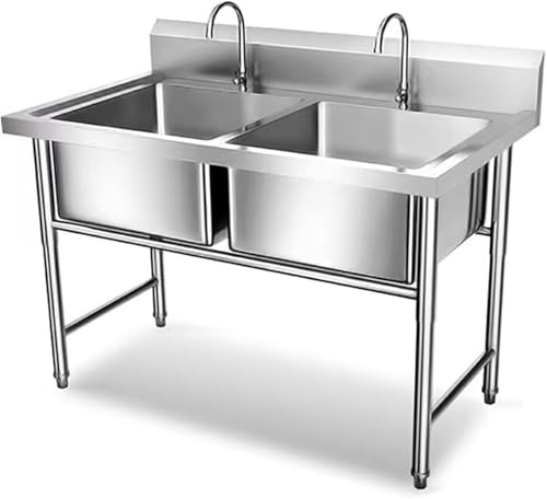 Lavello a doppia vasca in acciaio inox, con 2 scomparti, autoportante, per ristorante, lavanderia, garage, grande, 100 x 50 x 80 cm, resistente