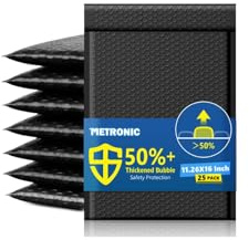 Metronic Large Bubble Mailers 11.26x16 25 Pack Padded Envelopes with 1/7 Thickened Bubble Waterproof Mailing Envelopes Usable Size 11.26x15 Shipping Bag for Valuables,10.5x15 Item, Business, Black