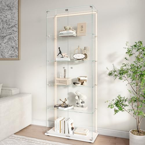 BPKADHY Vitrina de cristal con iluminación LED, vitrina de pie con 5 estantes de vidrio y 2 puertas de vidrio con cerradura, vitrina para salón, oficina, artículos de colección, libros, vino, color