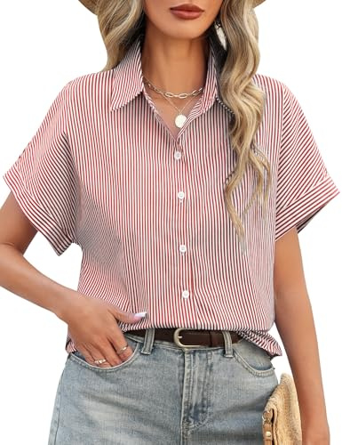 Fashora Blusa Mujer Manga Corta a Rayas Camisa Manga Corta Abotonado Algodón Casual Oficina Blusas de Oficina Tops Informales