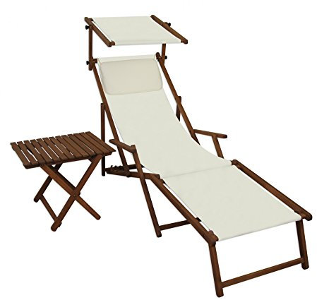 Liegestuhl weiß Fußteil Sonnendach Kissen Tisch Gartenliege Holz Sonnenliege 10-303 F S T KH